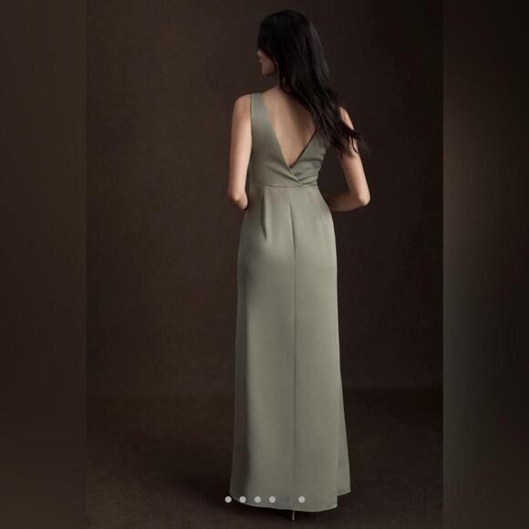 BHLDN NWT Anthropologie Piper V-Neck Side Slit Satin Gown Dress Size 4 Moss $248 - Picture 4 of 5